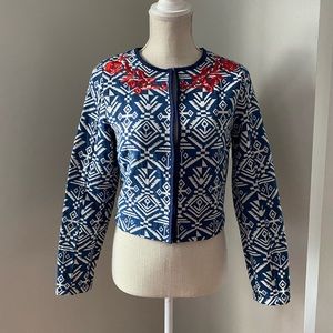 EUC Paint It Red Blue Cream Jacquard Cropped Jacket w Red Floral Embroidery